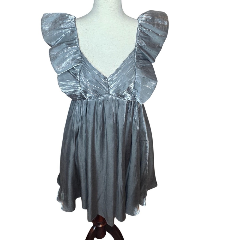 Entro Metallic Silver babydoll Mini Dress Smocked Back Wedding guest party Large